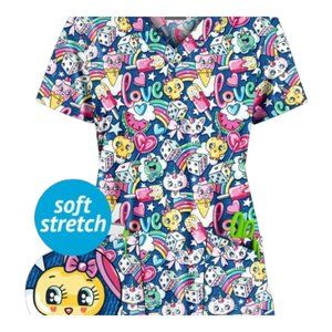 NWOT | Strictly Scrubs | Candyland Dreams Royal 4-Pocket V-Neck Print Scrub Top